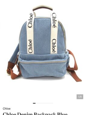 Chloe Blue Denim Backpack with Cream Logo Straps and Brown Accents